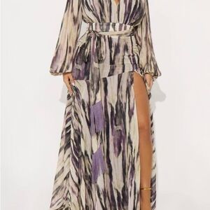 Fashion Nova Purple Brushstroke Tie-Waist Maxi Dress